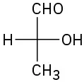 The central carbon is bonded to hydroxyl on right, hydrogen on left, C H O on the top, and C H 3 on the bottom.