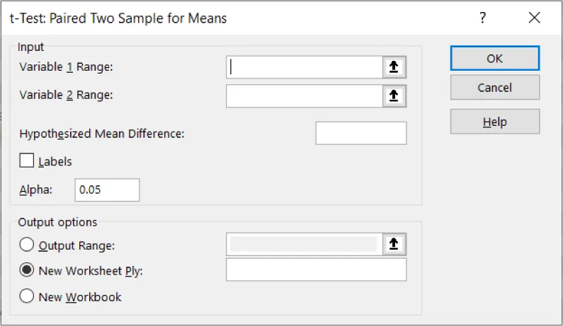 t-Test: Paired Two Sample for Means pane Input options: Variable 1 Range, Variable 2 Range, Hypothesized Mean Difference, Labels, Alpha (0.05). Output options include Output Range, New Worksheet Ply (selected), New Workbook.