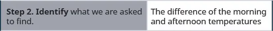 Step 2 is to identify what we are asked to find. Here, we need to find the difference of the morning and afternoon temperatures.