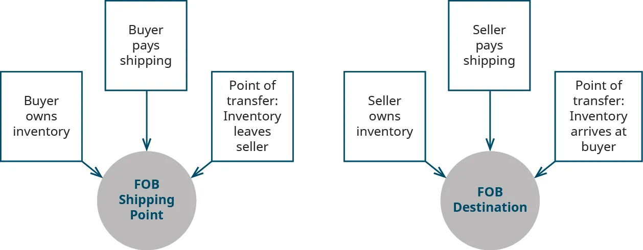 F O B Shipping Point is impacted by the facts that the buyer owns the inventory and pays for shipping, and the point of transfer at which the inventory leaves the seller. The F O B Destination is impacted by the facts that the seller owns the inventory and pays the shipping, and the point of transfer at which the inventory arrives at the buyer.