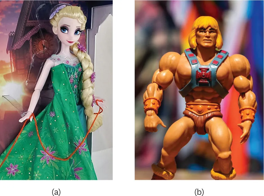 Photo of (a) doll with green dress, long blond hair, and large eyes, and (b) action figure with extremely large muscles.