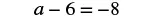 A mathematical equation displays 'a - 6 = -8' in black font on a white background. This is a linear equation with one variable 'a', where 6 is subtracted from 'a', resulting in -8.