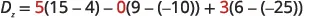 A mathematical equation is displayed: Dx = 5(15-4) - 0(9-(-10)) + 3(6-(-25)).