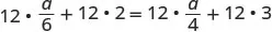 The mathematical equation 12 * (d/6) + 12 * 2 = 12 * (d/4) + 12 * 3 is displayed, demonstrating an algebraic problem with fractions and a variable 'd'.