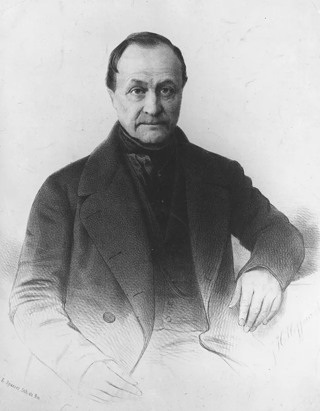 Pencil drawing of Auguste Comte. He is seated in a relaxed posture and looks directly at the viewer.