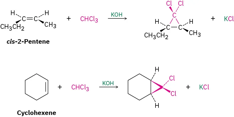 In the first reaction, cis-2-pentene reacts with chloroform in the presence of KOH to form a cis-dichlorocyclopropane. In the second reaction, cyclohexene reacts with chloroform in the presence of KOH.