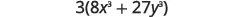 A mathematical expression reads 3 multiplied by the sum of 8x cubed and 27y cubed, enclosed in parentheses. The expression is 3(8x^3 + 27y^3) on a white background.