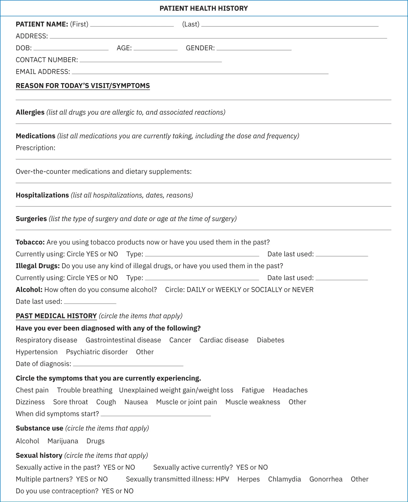 The first page of a blank patient health history form. It includes spaces for the patient's name, address, date of birth, age, gender, phone number, email address, reason for visit, allergies, medications, hospitalizations, surgeries, tobacco use, illegal drug use, alcohol use, past medical issues, current symptoms, and substance abuse.