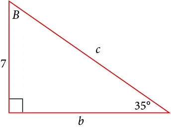 A right triangle with sides of 7, b, and c. Angles of 35 degrees and B are also labeled.