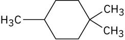 In a cyclohexane ring, C1 is bonded to two methyl groups. C4 is bonded to a single methyl group.