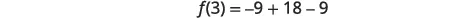 A mathematical equation is displayed, showing 'f(3) = -9 + 18 - 9' in the center of a white background. This is a function evaluation, and the right side simplifies to 0.