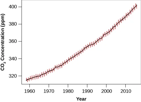 Graph of the Increase of Atmospheric Carbon Dioxide over Time. The vertical axis at left is labeled “CO2 Concentration (ppm)”, and goes from 320 at bottom to 400 at top in increments of 20. The horizontal axis is labeled “Year”, and goes from 1960 at left to just beyond 2010 at right, in increments of 10. A nearly straight black line begins in 1960 at 320 ppm and rises inexorably to 400 ppm in 2010. Over-plotted on the black line is a jagged red line which connects the data points that lie above and below the averaged black line. The data points capture the seasonal variations that exist due to the loss of foliage in winter.