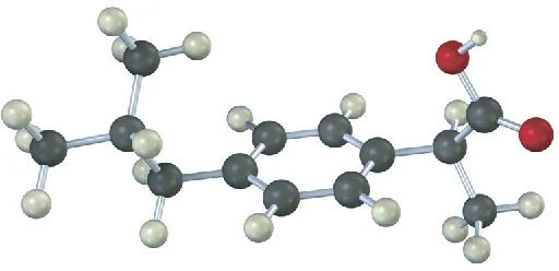 The ball and stick model of ibuprofen.