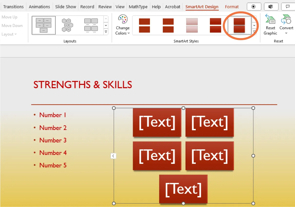 A PowerPoint screen is open to the SmartArt Design tab. A red circle has been placed around one style. On the main screen is a template made up of five text boxes.
