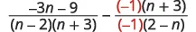 Mathematical expression involving the subtraction of two rational functions. The second term includes a -1 factor in both its numerator and denominator, shown in red.