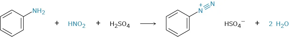 Aniline reacts with nitrous acid and sulfuric acid to form arenediazonium salt, hydrogen sulfate, and two equivalents of water.