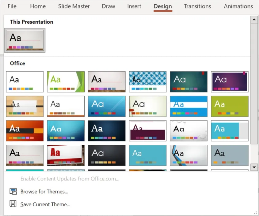 A PowerPoint application is open on the Design tab. It shows the theme currently used and several other options that could be used.