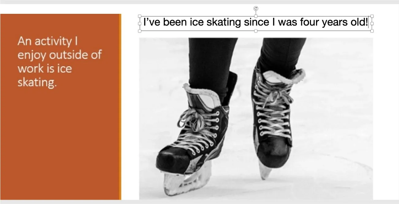 Text is visible on an orange background at the left and a black/white image of ice skates on the ice at the right. Above the image a text box is added.