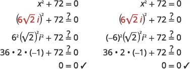 This image verifies that both x = 6√2i and x = -6√2i are valid solutions for the quadratic equation x^2 + 72 = 0 through step-by-step substitution.