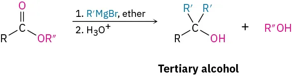 Ester R C O O R double prime reacts with R prime M g B r, ether, then hydronium to form tertiary alcohol with R and two R prime.