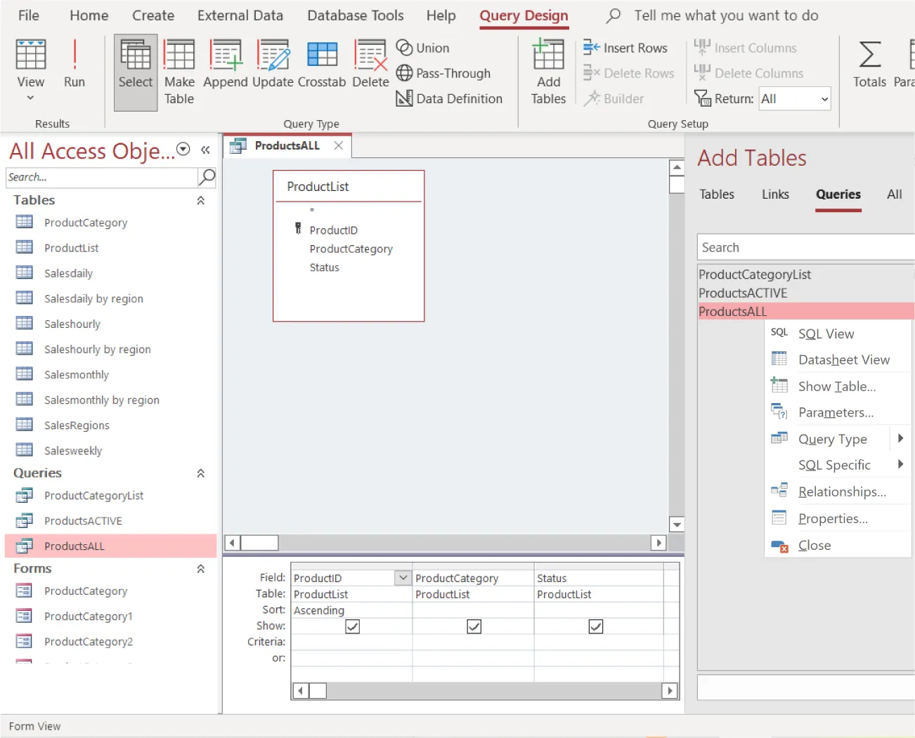 Select button (Query Design tab) selected. ProductsALL selected from Queries. Window displays ProductList query. Add Tables sidebar displays Queries tab selected, ProductsAll options: (SQL View, Datasheet View, Show Table, Parameters, etc.).