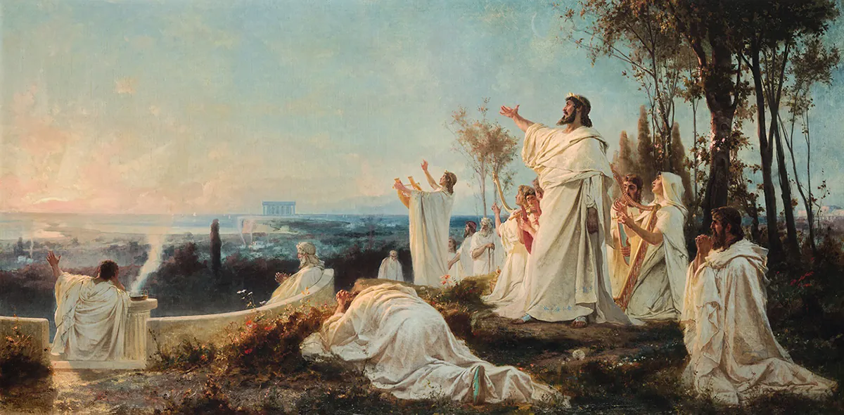 A painting shows Pythagoreans' hymn to the rising sun.