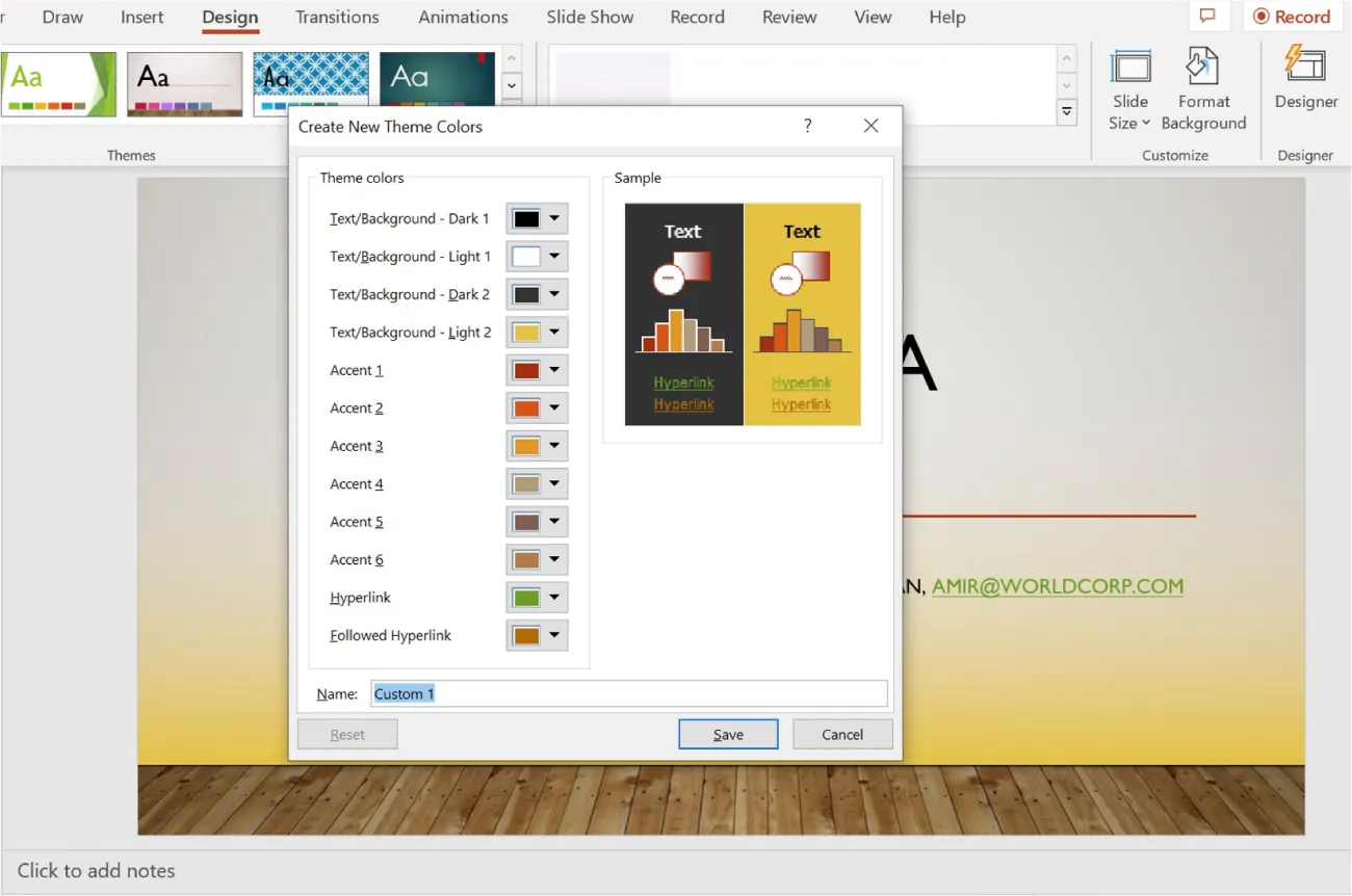 A PowerPoint screen is open to the Design tab. There is an additional window open for new theme colors.