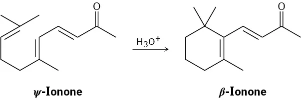 Psi-ionone reacts with hydronium ions to form beta-ionone. The open chain gets converted to a closed ring in the product.