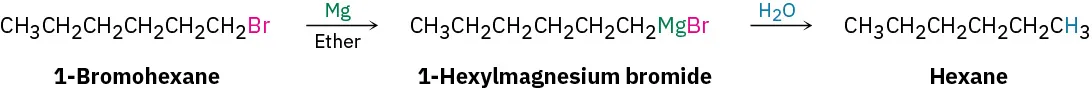 1-bromohexane reacts with Mg in the presence of ether to form 1-hexylmagnesium bromide that further reacts with water to form hexane.