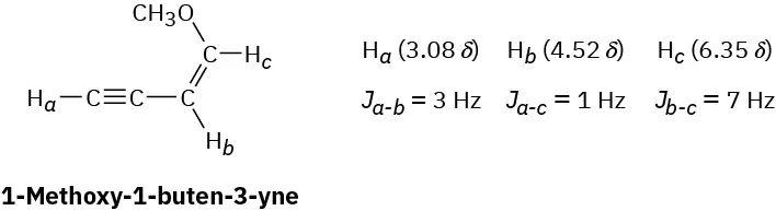 1-Methoxy-1-buten-3-yne structure with hydrogen shifts of 3.08 (alkyne). 4.52 (on C 2), and 6.35 (on C 1). J values are also mentioned.