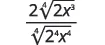 A mathematical expression displaying a fraction. The numerator is 2 multiplied by the fourth root of (2x^3). The denominator is the fourth root of (2^4x^4).