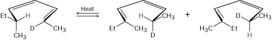 A reversible chemical reaction where a reactant with heat gives two products. C 5 is bonded to hydrogen on left and deuterium on bottom and vice versa in second product.