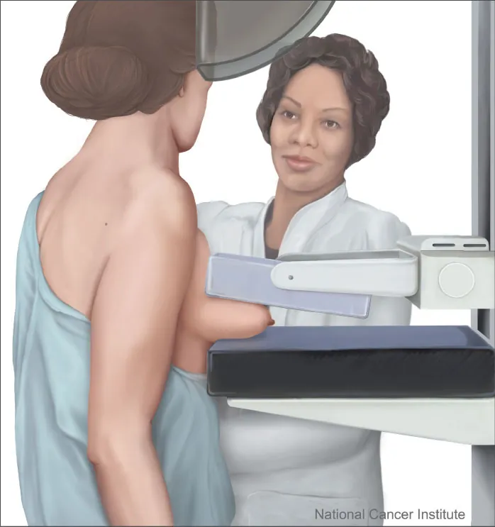 Image of person with breast being compressed in a mammography machine with technician assisting.