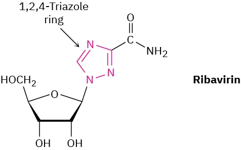 Ribavirin has 1,2,4-triazole ring. N 1 is bonded to ribose ring. The carbon at position 3 is bonded to a carbonyl group, which itself is bonded to an amine.