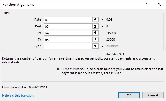 Screenshot of Completed Dialog Box for NPER Function Arguments. In the NPER section, all the empty fields are filled with the relevant cell names.