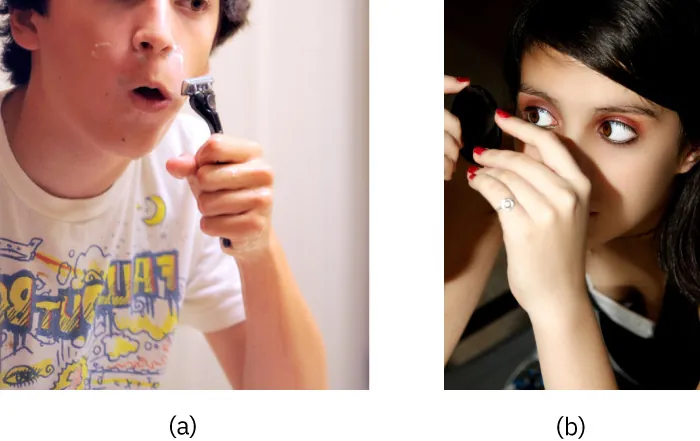 Photo of (a) adolescent shaving their face and (b) adolescent applying cosmetics.