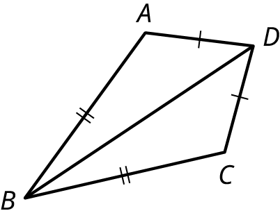 A kite, A B C D formed by joining two triangles. The sides, A D and D C are equal. The sides, A B and C B are equal.