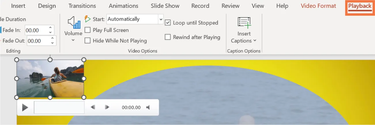 A PowerPoint screen is open to the Playback tab. The video on the main screen is selected.