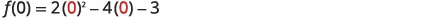 The image shows the evaluation of a quadratic function at x=0, specifically f(0) = 2(0)^2 - 4(0) - 3, simplifying to -3.