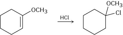 A cyclohexene with a double bond between C1-C2 and a methoxy group at C1 reacts with hydrogen chloride to form a cyclohexane ring, in which C 1 is bonded to a methoxy group and a chlorine atom.