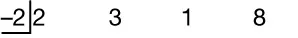 Synthetic division setup -2 outside, coefficients 2, 3, 1, and 8 inside.