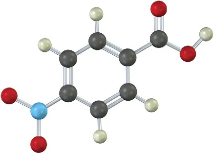 The ball-and-stick model has a benzene ring. C 1 is bonded to a carboxylic acid group. C 4 is bonded to an amino group.