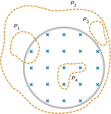 Figure shows the magnetic filed confined within the cylindrical region. Area P1 partially lies in the magnetic field. Area P2 is larger that the area of magnetic field and completely includes it. Area P3 lies outside of the magnetic field. Area P4 is smaller than the area of the magnetic field and is completely included within it.