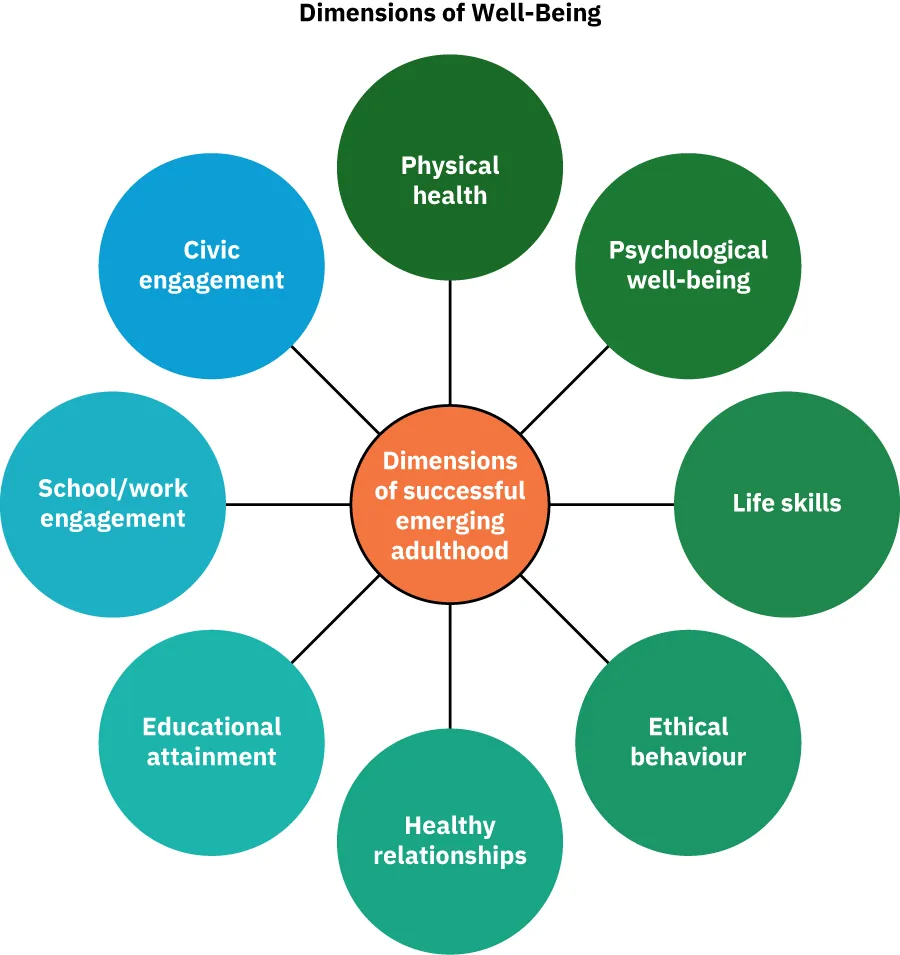 Illustration of Dimensions of successful emerging adulthood: Physical health, Psychological well-being, Life skills, Ethical behavior, Healthy relationships, Educational attainment, School/work engagement, Civic Engagement.