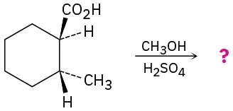 The reaction of 2-methylcyclohexane carboxylic acid with methanol in the presence of sulfuric acid to give an unknown product, denoted by a question mark.