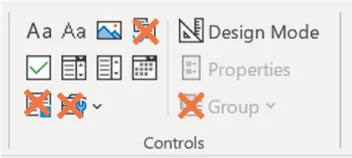 The Controls command group is visible with these items crossed out: Building Block Gallery Content Control, Repeating Section Content Control, Legacy Tools, and Group.