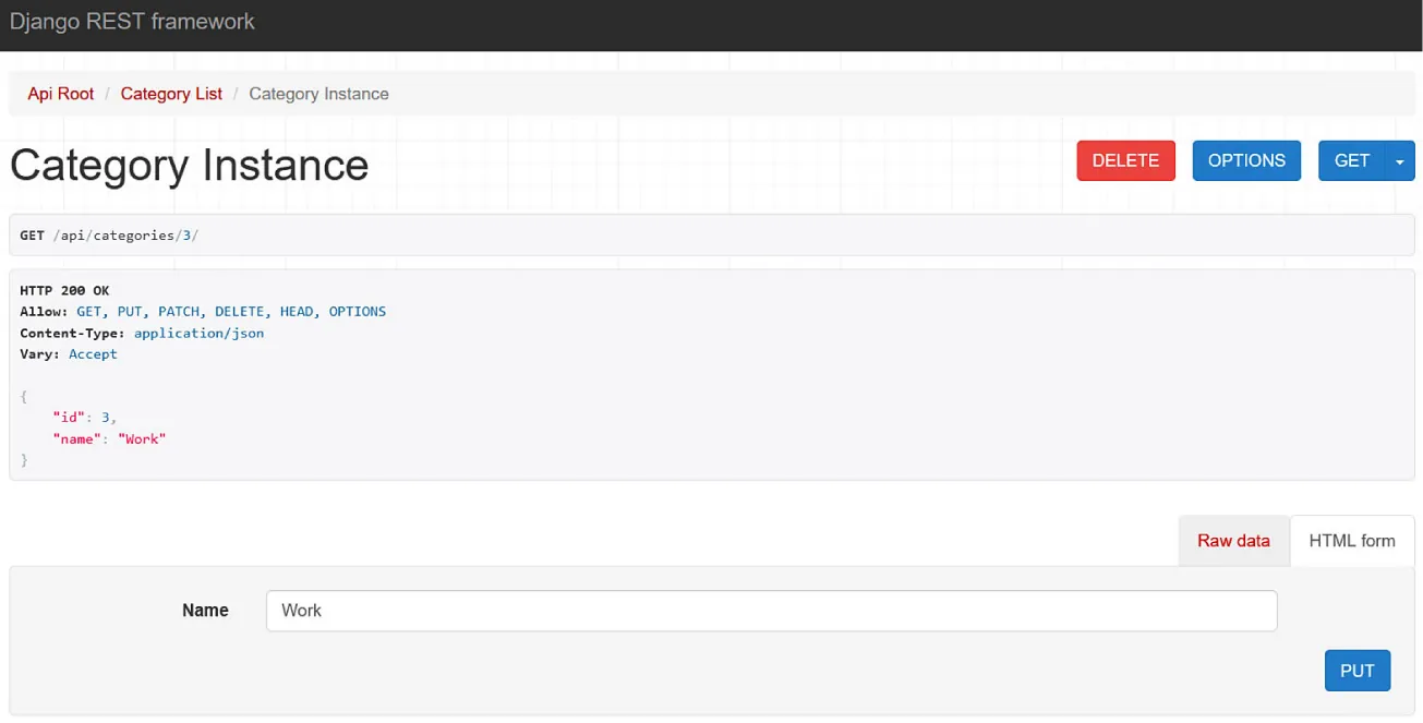 Screenshot of Category Instance displaying DELETE and PUT buttons.