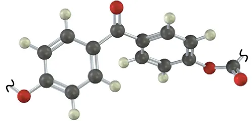 A ball-and-stick model of a polymer showing two benzene rings and connecting substituents. Wavy lines indicate boundaries of the repeating unit.