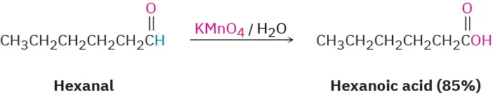 Hexanal reacts with chromium trioxide, hydronium ion, and acetone at zero degree Celsius to produce hexanoic acid (85 percent). Hydrogen in aldehyde group gets replaced by hydroxyl in the product.