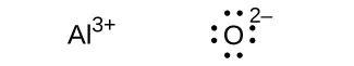Se muestran dos estructuras de Lewis. La izquierda muestra el símbolo A l con un superíndice tres signo positivo, mientras que la derecha muestra el símbolo O rodeado de ocho puntos y superíndice 2 signo negativo.